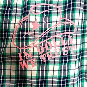 Upcycled flannel. In Dolly we Trust.  Size Medium